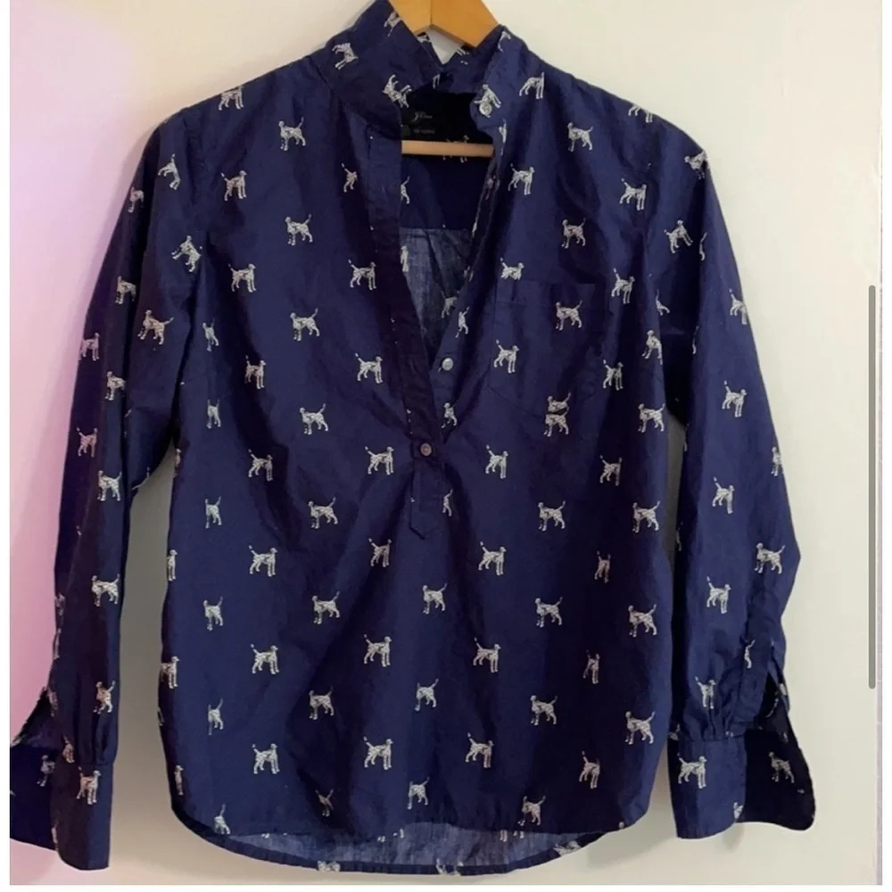 J crew Dalmatian Novelty Print 3/4 Button Down Shirt Academia Preppy Career Sz 4